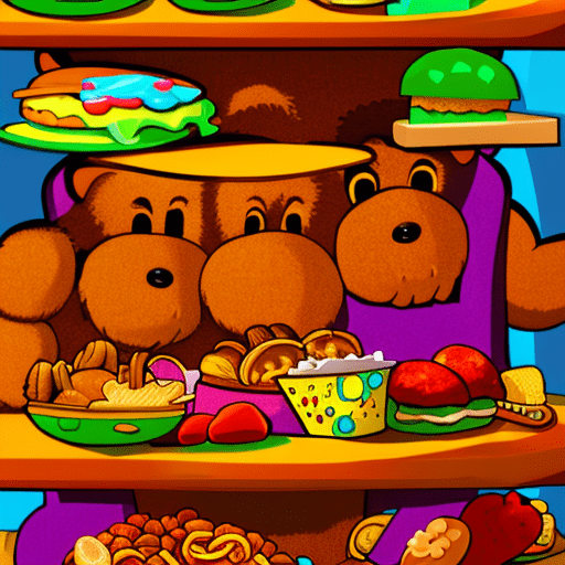 Artistic interpretation of themes and motifs of the book The Berenstain Bears and Too Much Junk Food by Stan Berenstain