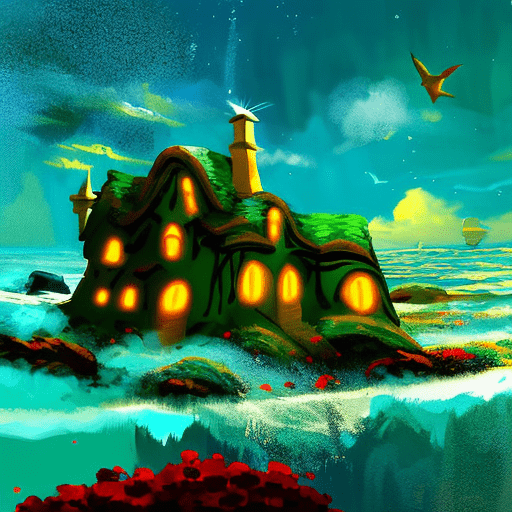 Artistic interpretation of themes and motifs of the book The House in the Cerulean Sea by T.J. Klune